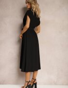unigirl Rochie Neagră cu croi evazat cu nasturi și cu cordon din material Moaril