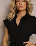 unigirl Rochie Neagră cu croi evazat cu nasturi și cu cordon din material Moaril