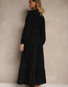 unigirl Rochie Neagră din Viscoză Evazată cu Cordon legat și Dantelă Reisavien