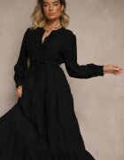unigirl Rochie Neagră din Viscoză Evazată cu Cordon legat și Dantelă Reisavien