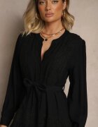 unigirl Rochie Neagră din Viscoză Evazată cu Cordon legat și Dantelă Reisavien