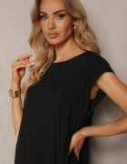 unigirl Rochie Neagră Evazată cu Pliuri și Mânecă Scurtă Hevina