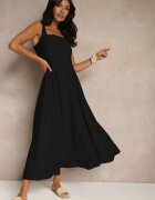 unigirl Rochie Neagră Evazată din Viscoză Decorată cu Decolteu Pătrat Avledia
