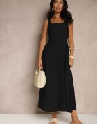 unigirl Rochie Neagră Evazată din Viscoză Decorată cu Decolteu Pătrat Avledia