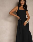 unigirl Rochie Neagră Evazată din Viscoză Decorată cu Decolteu Pătrat Avledia