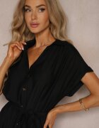 unigirl Rochie neagră evazată stil cămașă decorată cu cordon în talie și nasturi Rosofia