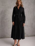 unigirl Rochie Neagră în Stil Cămășesc cu Viscoză Bumbac și Curea Nerigunn