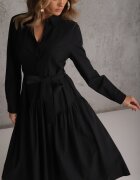unigirl Rochie Neagră în Stil Cămășesc cu Viscoză Bumbac și Curea Nerigunn