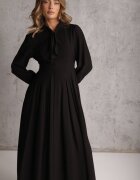 unigirl Rochie Neagră Plisată din Viscoză Decorată cu Fundă Farrive