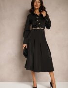 unigirl Rochie Neagră tip Cămașă cu croială evazată cu elastic în talie și imitație de buzunare Etaviela