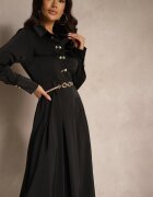 unigirl Rochie Neagră tip Cămașă cu croială evazată cu elastic în talie și imitație de buzunare Etaviela