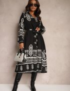unigirl Rochie Neagră tip cămașă cu viscoză cu imprimeuri Aztece Averisa