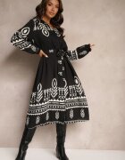 unigirl Rochie Neagră tip cămașă cu viscoză cu imprimeuri Aztece Averisa