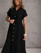 unigirl Rochie Neagră Tip cămașă cu Viscoză și Bumbac Strânsă în Talie Corralure