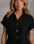 unigirl Rochie Neagră Tip cămașă cu Viscoză și Bumbac Strânsă în Talie Corralure