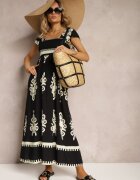unigirl Rochie Neagră Vâscoză Boho cu Volane și Elastic în Talie cu Bretele Late Dreria