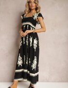 unigirl Rochie Neagră Vâscoză Boho cu Volane și Elastic în Talie cu Bretele Late Dreria