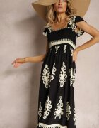 unigirl Rochie Neagră Vâscoză Boho cu Volane și Elastic în Talie cu Bretele Late Dreria