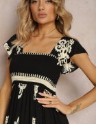unigirl Rochie Neagră Vâscoză Boho cu Volane și Elastic în Talie cu Bretele Late Dreria