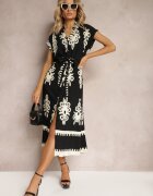 unigirl Rochie Negru-Bej Boho Evazată cu Cordon din Material și Nasturi Jori