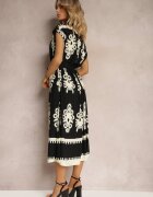 unigirl Rochie Negru-Bej Boho Evazată cu Cordon din Material și Nasturi Jori
