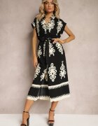 unigirl Rochie Negru-Bej Boho Evazată cu Cordon din Material și Nasturi Jori