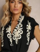 unigirl Rochie Negru-Bej Boho Evazată cu Cordon din Material și Nasturi Jori