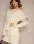 unigirl Rochie pulover Bej cu lână decorată cu zirconii cu cordon și decupaje Zolida
