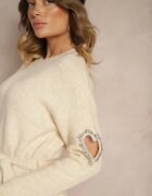 unigirl Rochie pulover Bej cu lână decorată cu zirconii cu cordon și decupaje Zolida