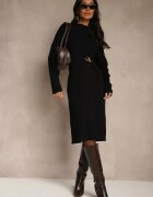 unigirl Rochie Pulover Neagră din Viscoză Decorată cu Broșă Metalică Titavea