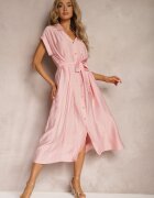 unigirl Rochie Roz Cloș cu croială tip cămașă decorată cu curea în talie și nasturi Rosofia