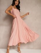 unigirl Rochie Roz Evazată din Viscoză Decorată cu Decolteu Pătrat Avledia