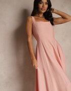 unigirl Rochie Roz Evazată din Viscoză Decorată cu Decolteu Pătrat Avledia