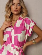 unigirl Rochie Roz și Albă cu croi cămașă cu curea textilă în talie cu imprimeu colorat Hilefia