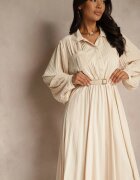 unigirl Rochie Rozkloszată Bej Midi cu Nasturi și Curea Decorată cu Pliuri Lathori