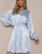 unigirl Rochie tip cămașă Albastră din Satin Decorată cu Zirconii și Curea Miledis