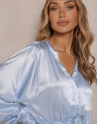 unigirl Rochie tip cămașă Albastră din Satin Decorată cu Zirconii și Curea Miledis