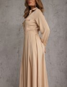 unigirl Rochie tip cămașă bej cu croială evazată cu elastic în talie și imitație de buzunare Etaviela