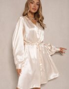 unigirl Rochie tip cămașă Bej din Satin Decorată cu Cirkonii și Curea Miledis