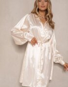 unigirl Rochie tip cămașă Bej din Satin Decorată cu Cirkonii și Curea Miledis