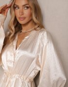 unigirl Rochie tip cămașă Bej din Satin Decorată cu Cirkonii și Curea Miledis