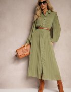 unigirl Rochie tip cămașă Verde cu Pliuri și Curea Suplimentară Miarosea