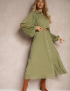 unigirl Rochie tip cămașă Verde cu Pliuri și Curea Suplimentară Miarosea