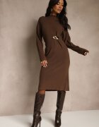 unigirl Rochie tricotată Maro cu Viscoză Decorată cu Broșă Metalică Titavea