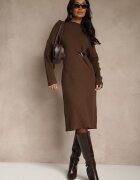 unigirl Rochie tricotată Maro cu Viscoză Decorată cu Broșă Metalică Titavea
