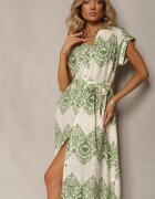 unigirl Rochie Verde-Bej Boho cu nasturi cu viscoză Decorată cu curea Mosofia