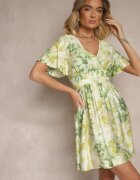 unigirl Rochie verde cloș din viscoză florală cu decolteu petrecut Zeledia