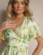 unigirl Rochie verde cloș din viscoză florală cu decolteu petrecut Zeledia