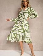 unigirl Rochie Verde din Viscoză cu croială tip cămașă cu imprimeu geometric Ninatria