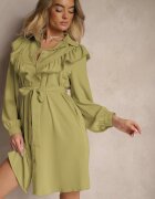 unigirl Rochie Verde Evazată Tip cămașă cu Volane și Dantelă Naik